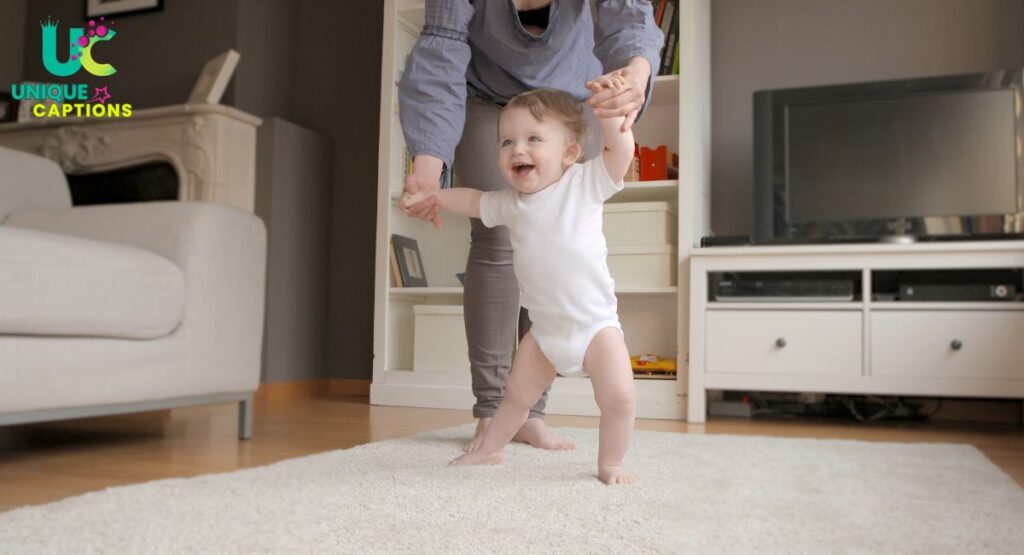 funny and playful baby first walk captions