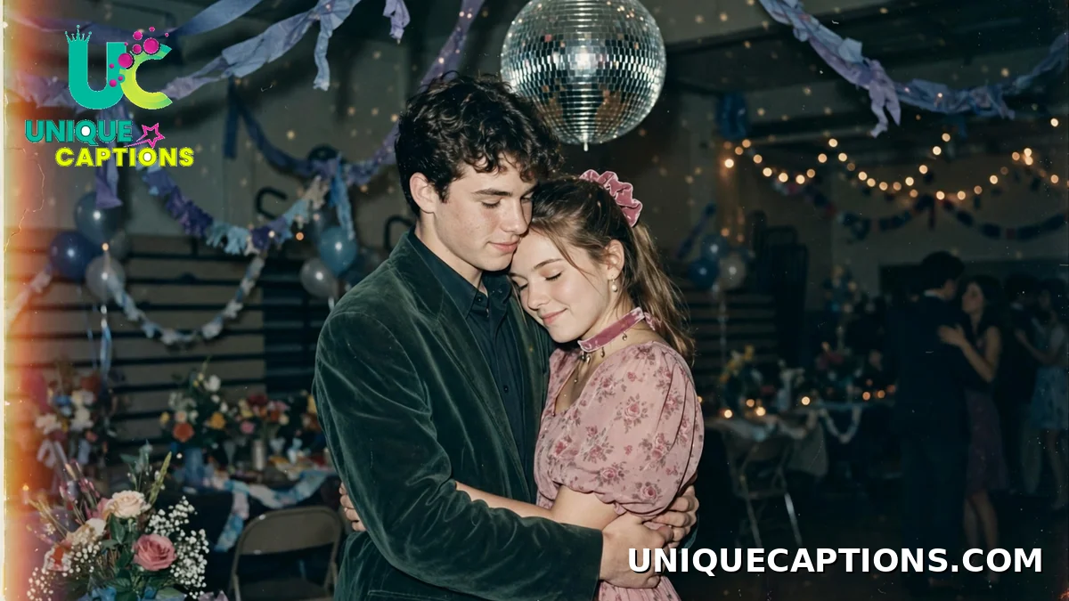 couple slow dancing under a disco ball, 90s prom night