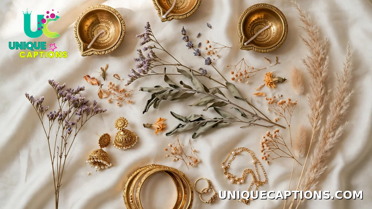 Aesthetic Dhanteras captions with gold diyas and jewelry flat-lay on cream silk