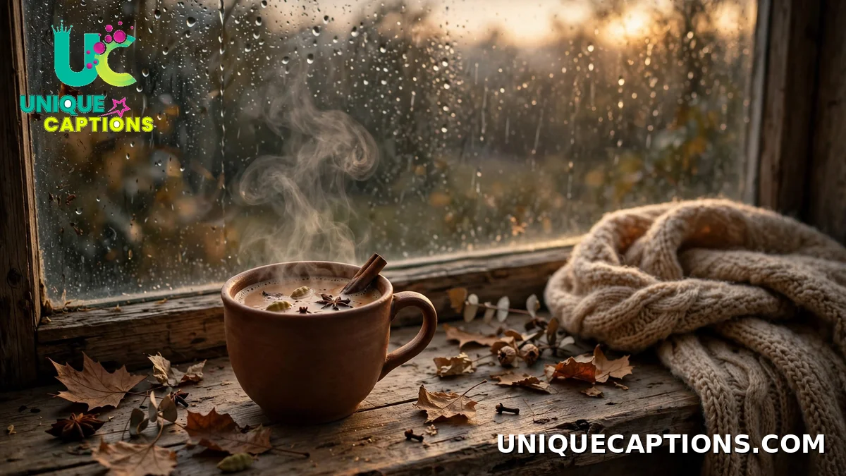 Aesthetic November captions with chai on a windowsill at dusk