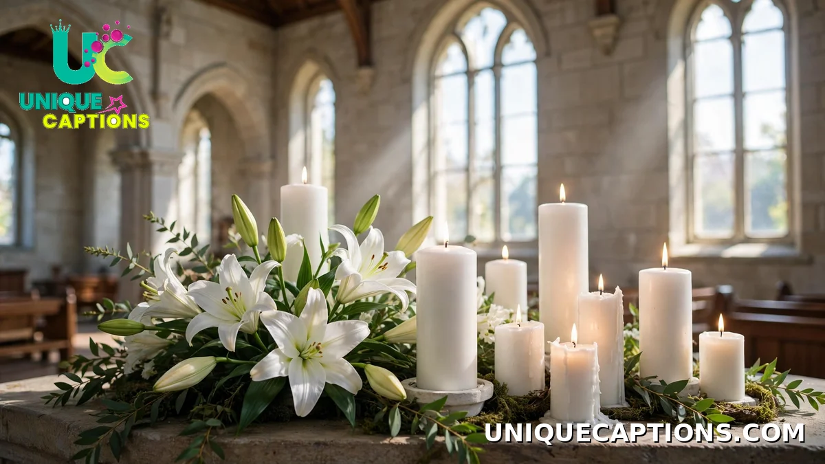 White candles and lilies inside a bright church, illustrating All Saints Day Quotes