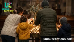 A family lighting candles together at church, seen from behind