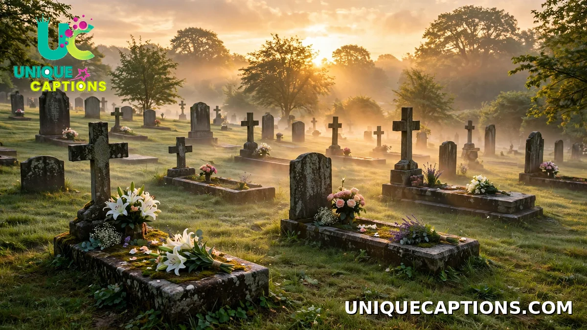 Sunrise over a quiet cemetery decorated with fresh flowers