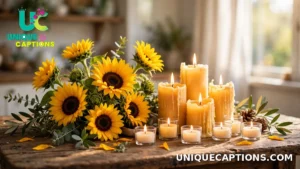 Sunflowers and candles arranged together on a table