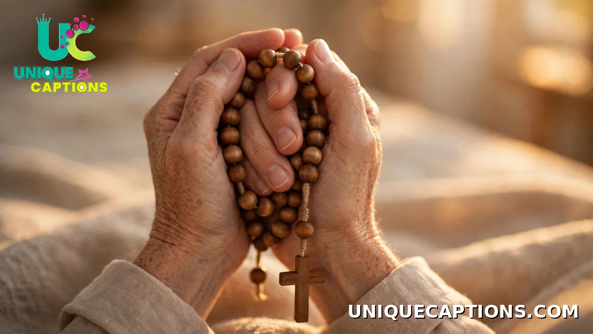 Hands holding rosary beads in soft light