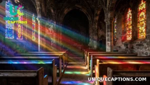 Stained-glass light falling across the pews of an old church