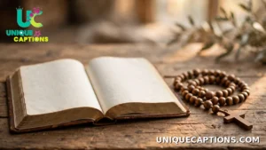 An open Bible with a rosary resting on a wooden table