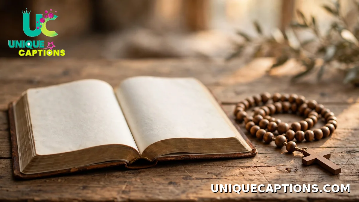 An open Bible with a rosary resting on a wooden table