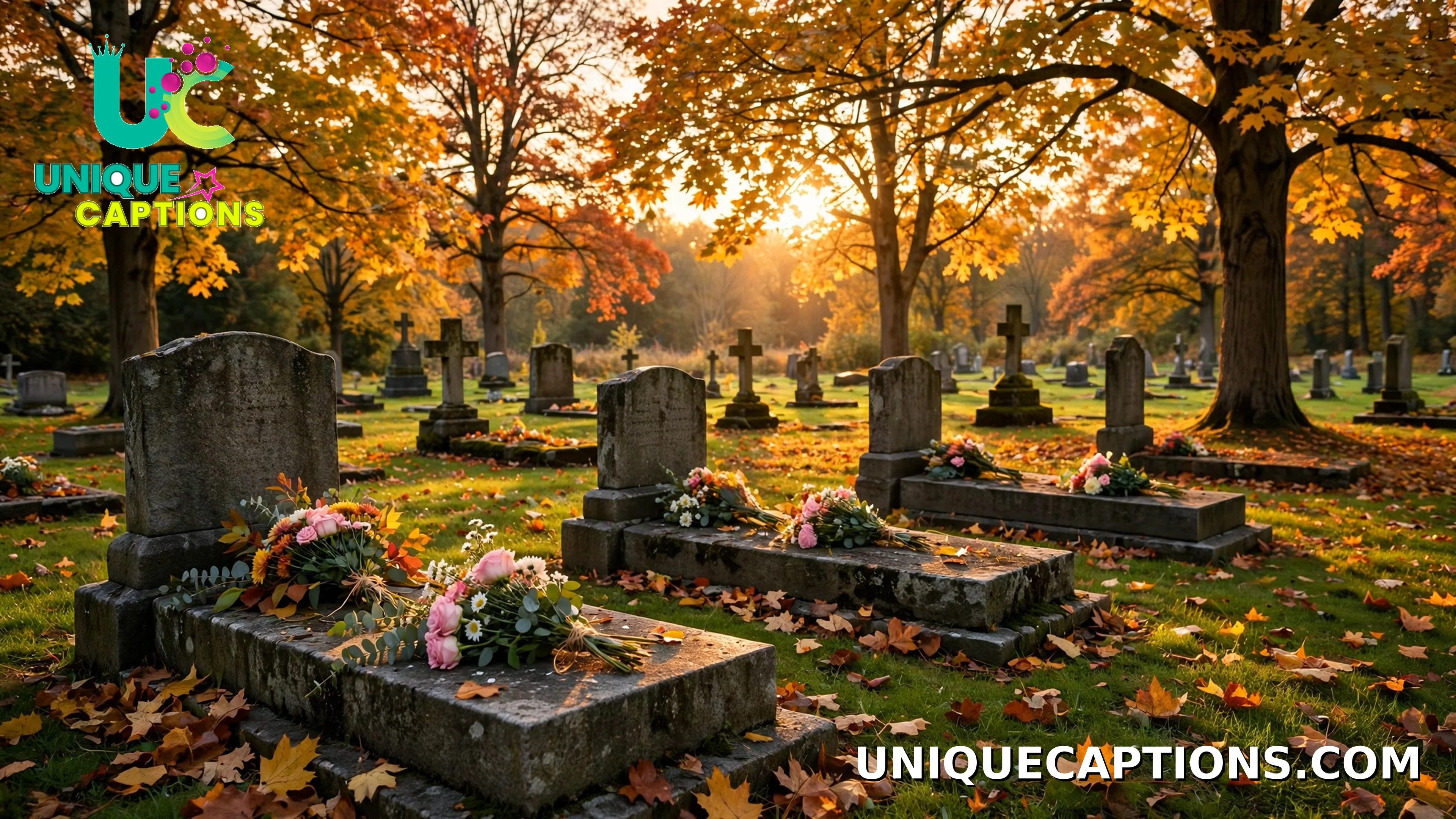 A peaceful cemetery at golden hour, with fresh flowers resting on the graves