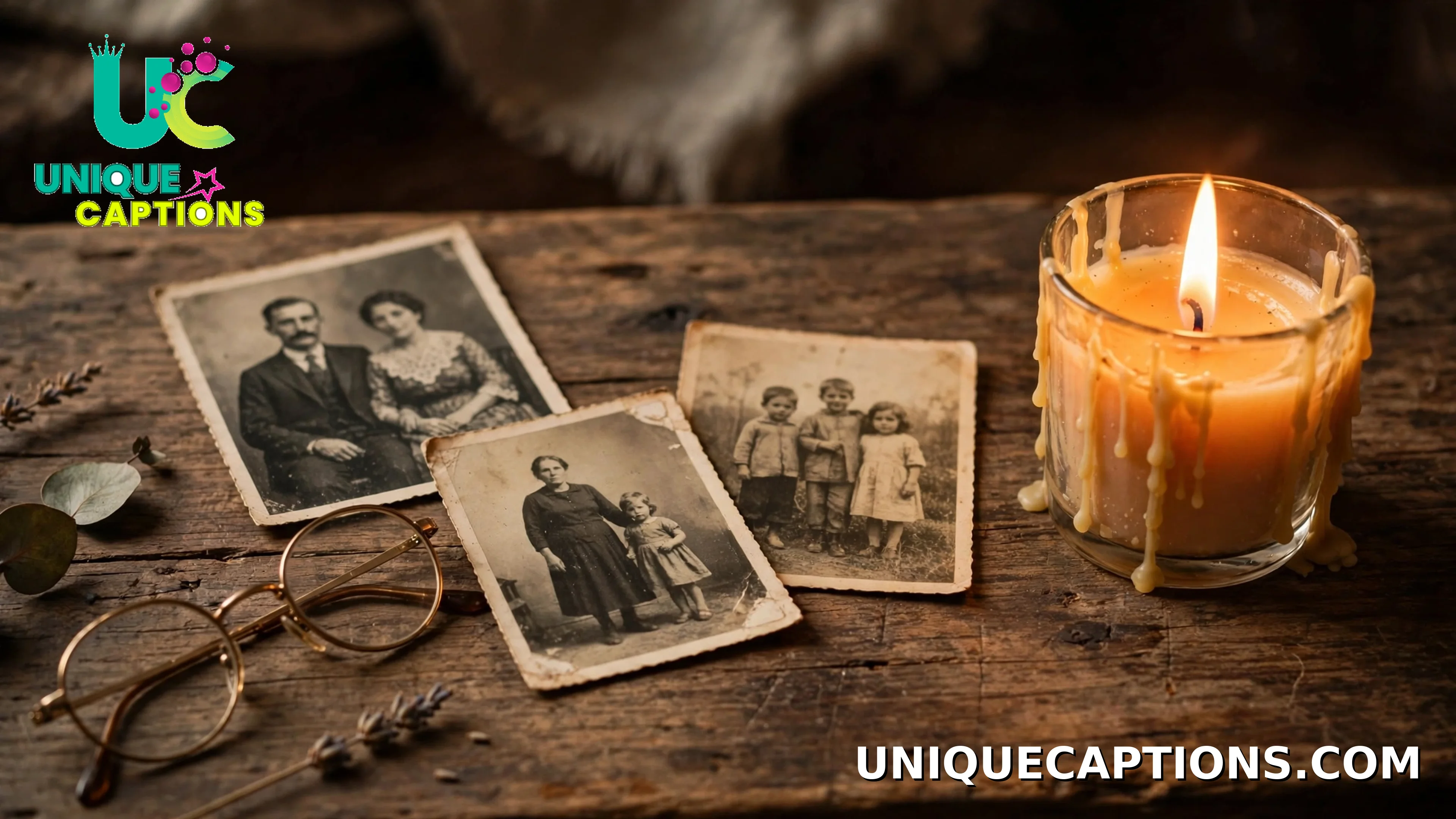 A lit candle beside old family photographs and a pair of reading glasses, in memory of grandparents