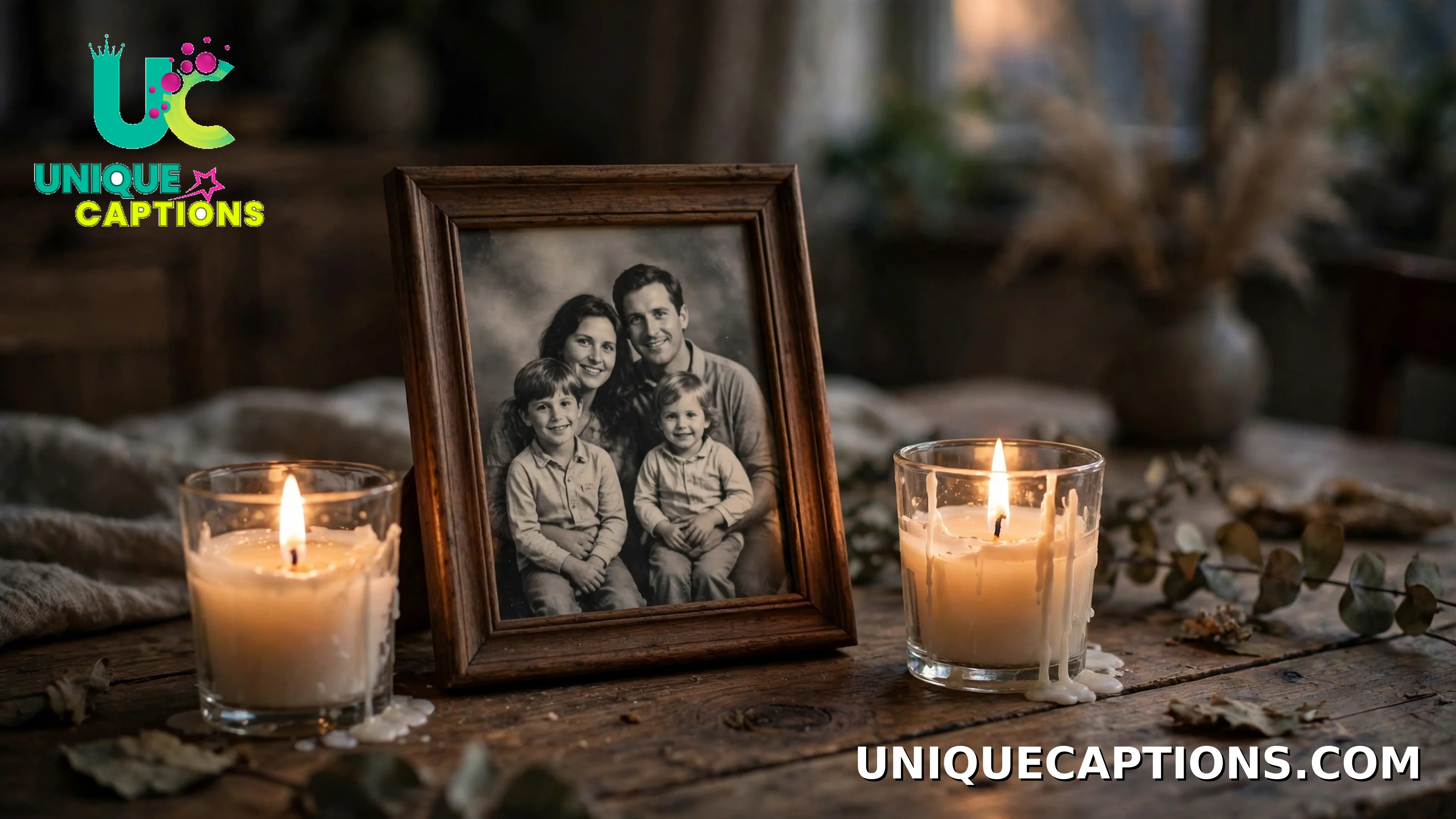 Two lit candles beside a framed family photograph on a wooden table, in memory of departed parents