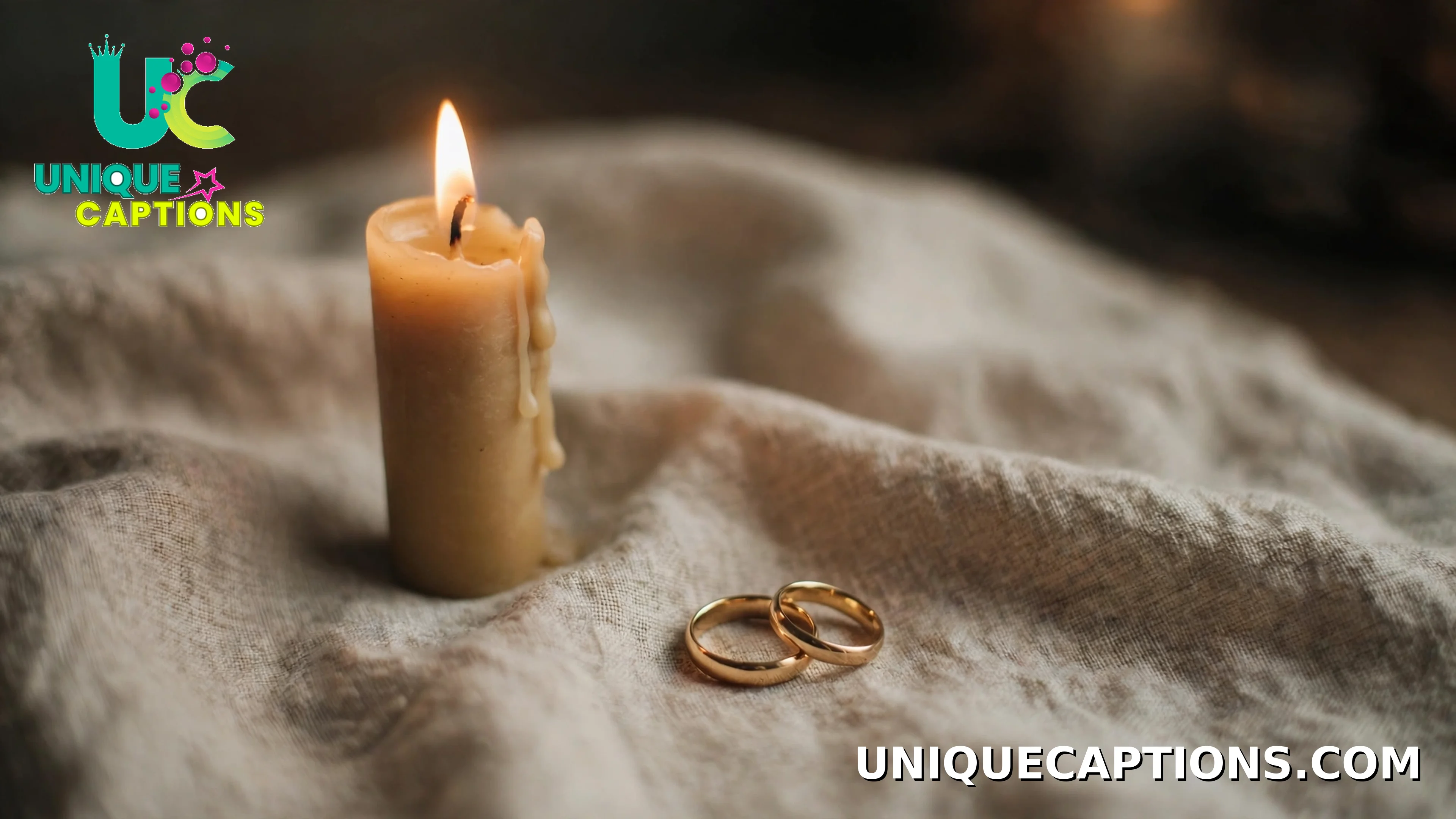 A single lit candle and a pair of wedding rings resting on soft cloth, in memory of a departed spouse