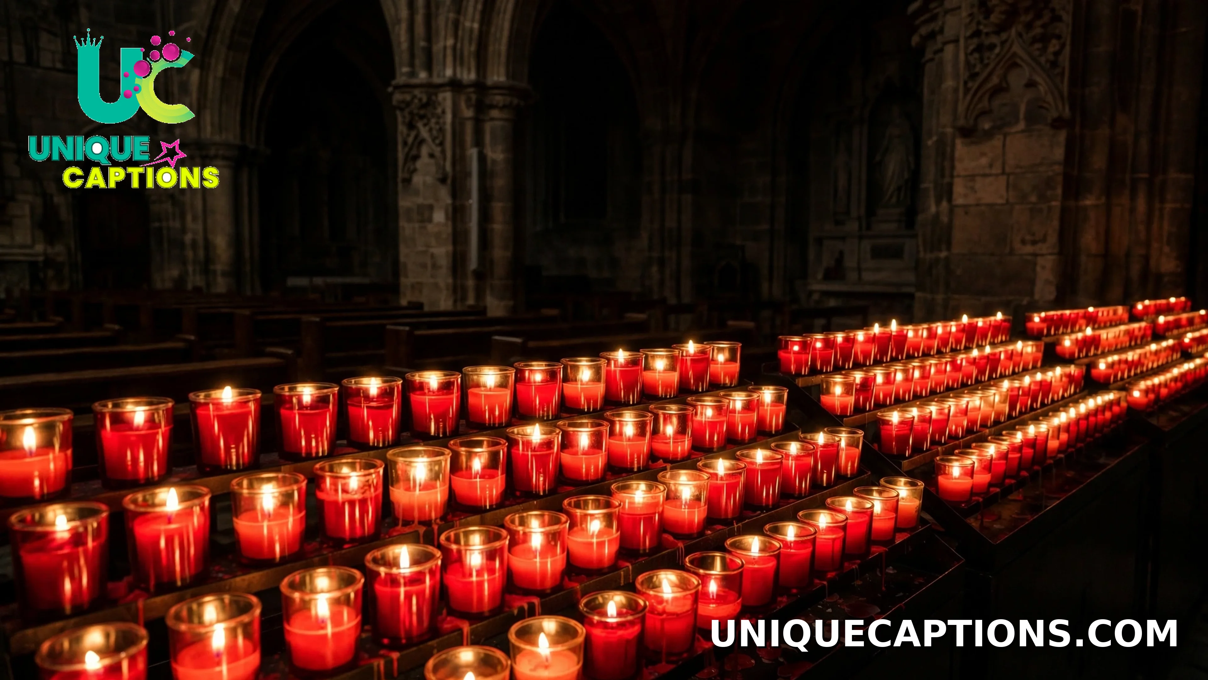 Rows of glowing votive candles in a church during All Souls Day Prayers
