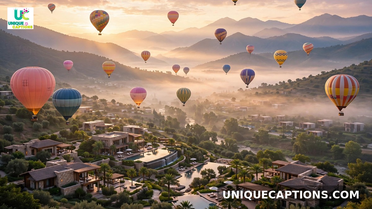 Aspirational luxury captions - hot air balloons over resort valley at sunrise