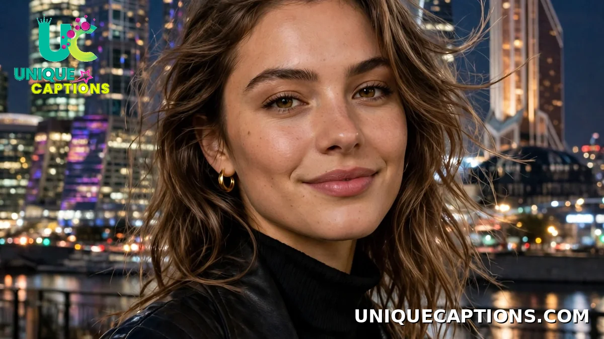 Confident young woman before Moscow City towers at night