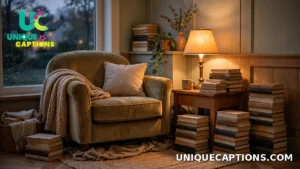 Cozy reading nook with stacked books and a warm glowing lamp