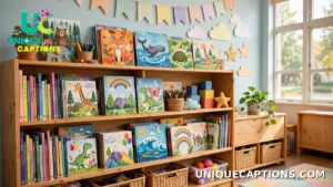 Colorful classroom bookshelf filled with books for young readers