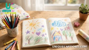 Child's desk with a story notebook, colored pencils and drawings