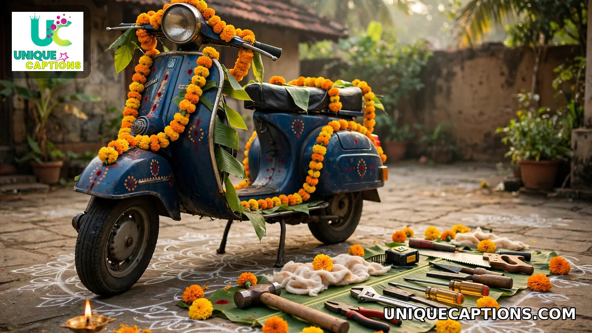 Work tools decorated with marigold garlands for the Ayudha Puja ritual
