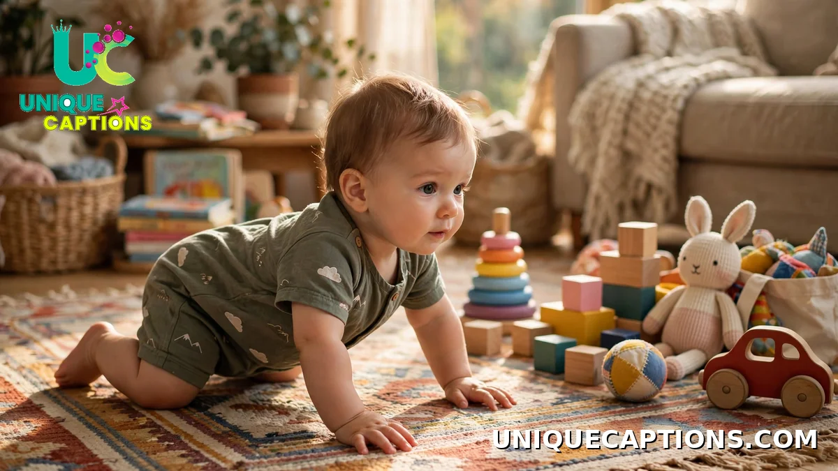 Adventurous baby crawling on a living room rug