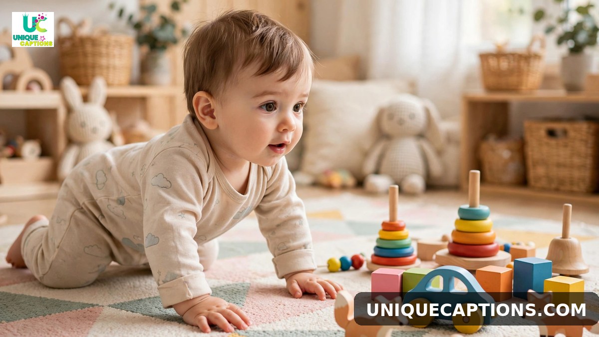 Cute 11 month baby milestone photo of a baby crawling toward colorful wooden toys
