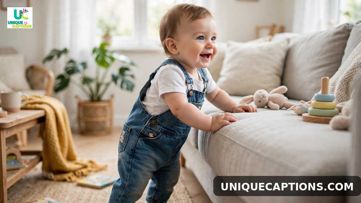 Funny 11 months old baby caption image of a baby cruising along the sofa learning to walk