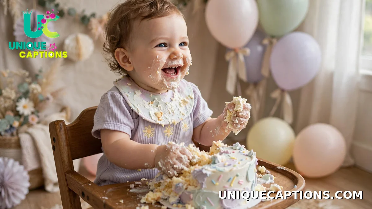 One-year-old baby enjoying a first birthday cake smash