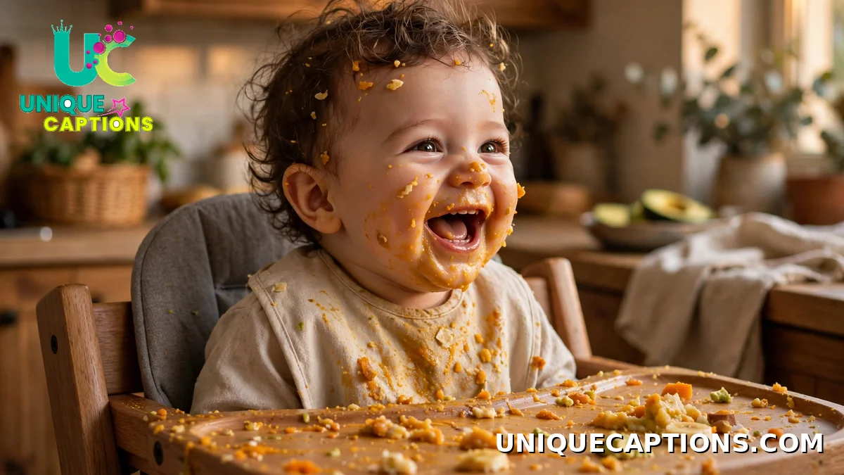Laughing baby with messy face during first solid food