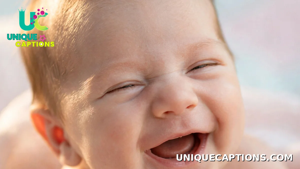 Giggling newborn baby's first smile close-up photo