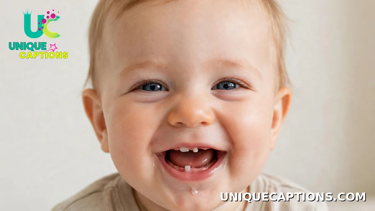 Happy baby showing first tiny tooth in a gummy grin