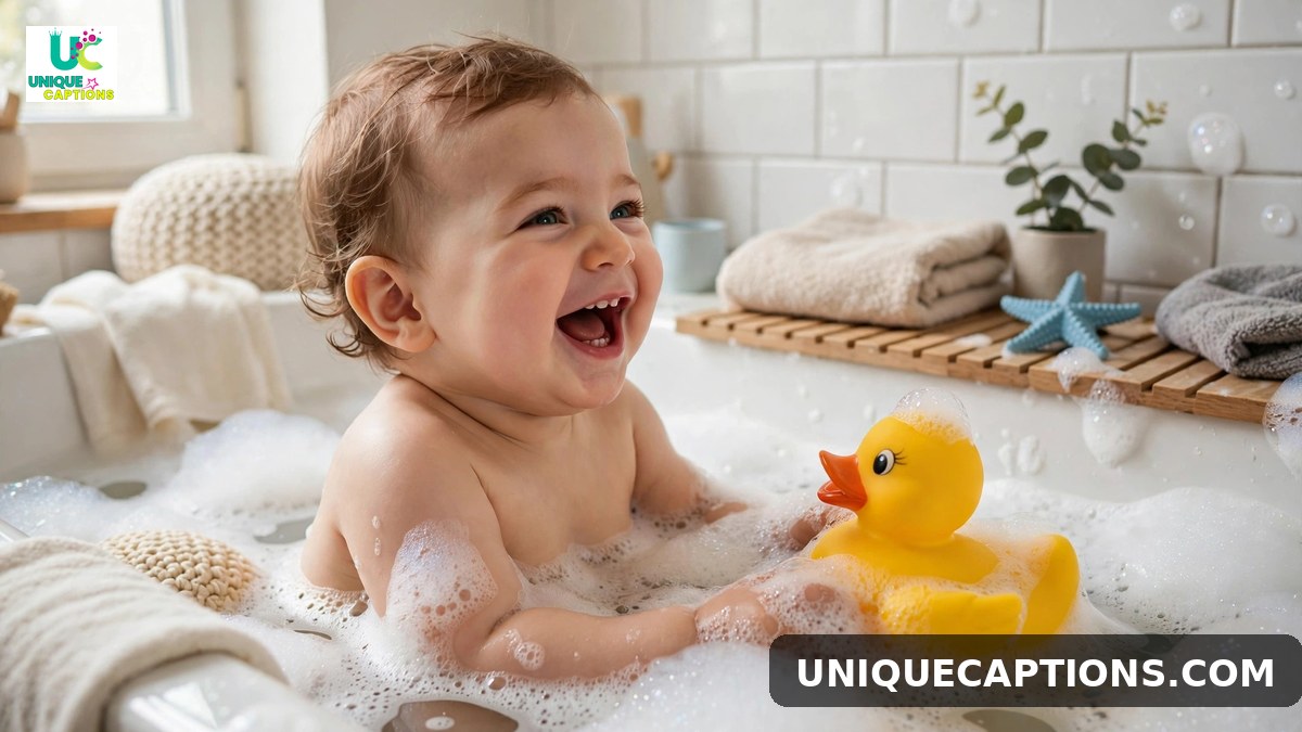 Playful 11 month old baby caption photo of a baby giggling in a bubble bath with a rubber duck
