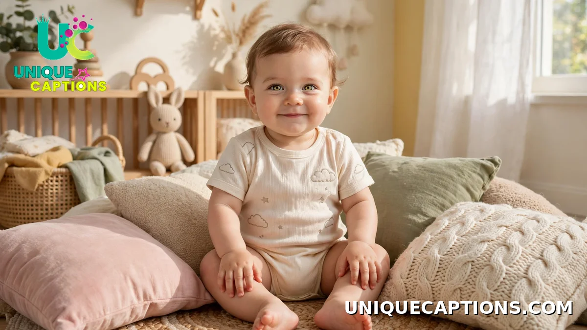 Proud baby sitting up independently among cushions
