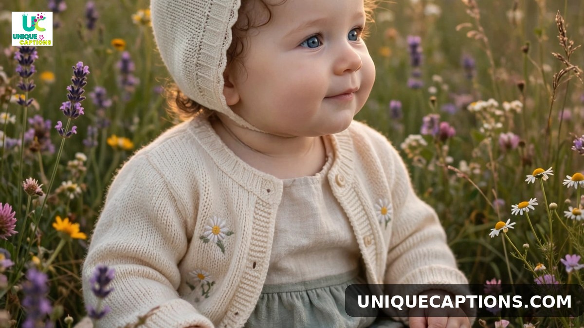 Dreamy 11 months old baby caption photo of a baby sitting in wildflowers at sunset