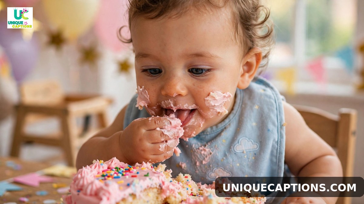 Funny 11 month birthday caption photo of a baby tasting cake with frosting on cheeks