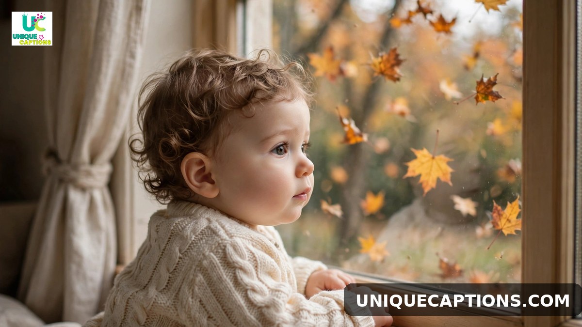 Thoughtful 11 months old baby caption image of a baby watching autumn leaves through a window
