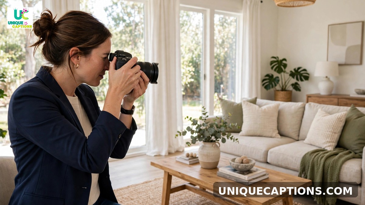 Behind the scenes realtor captions - agent photographing a bright staged living room