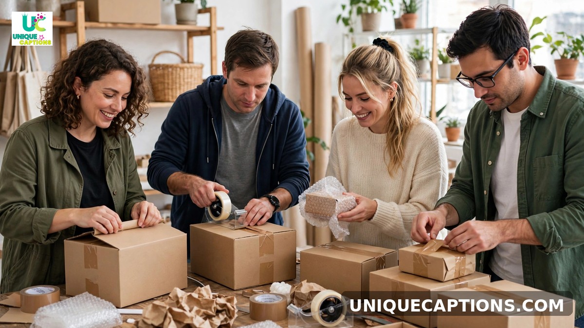 Behind the brand captions - small business team packing online orders in a bright studio