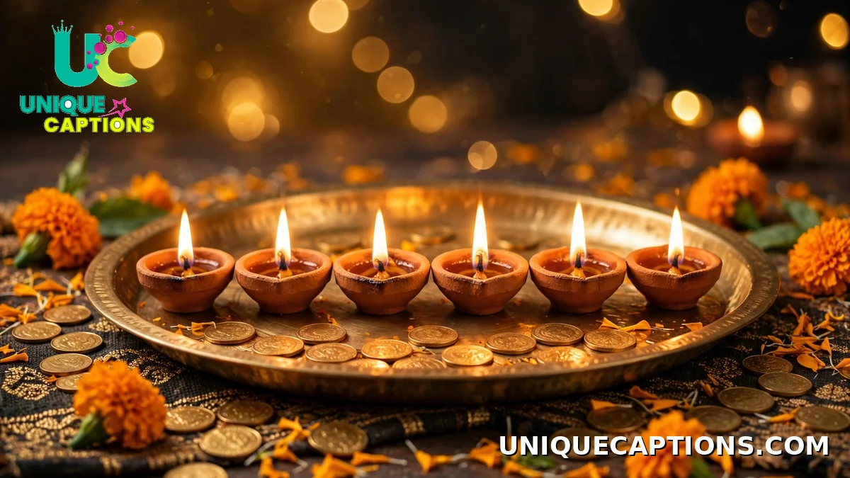Best Dhanteras captions for Instagram with glowing diyas, gold coins and marigolds