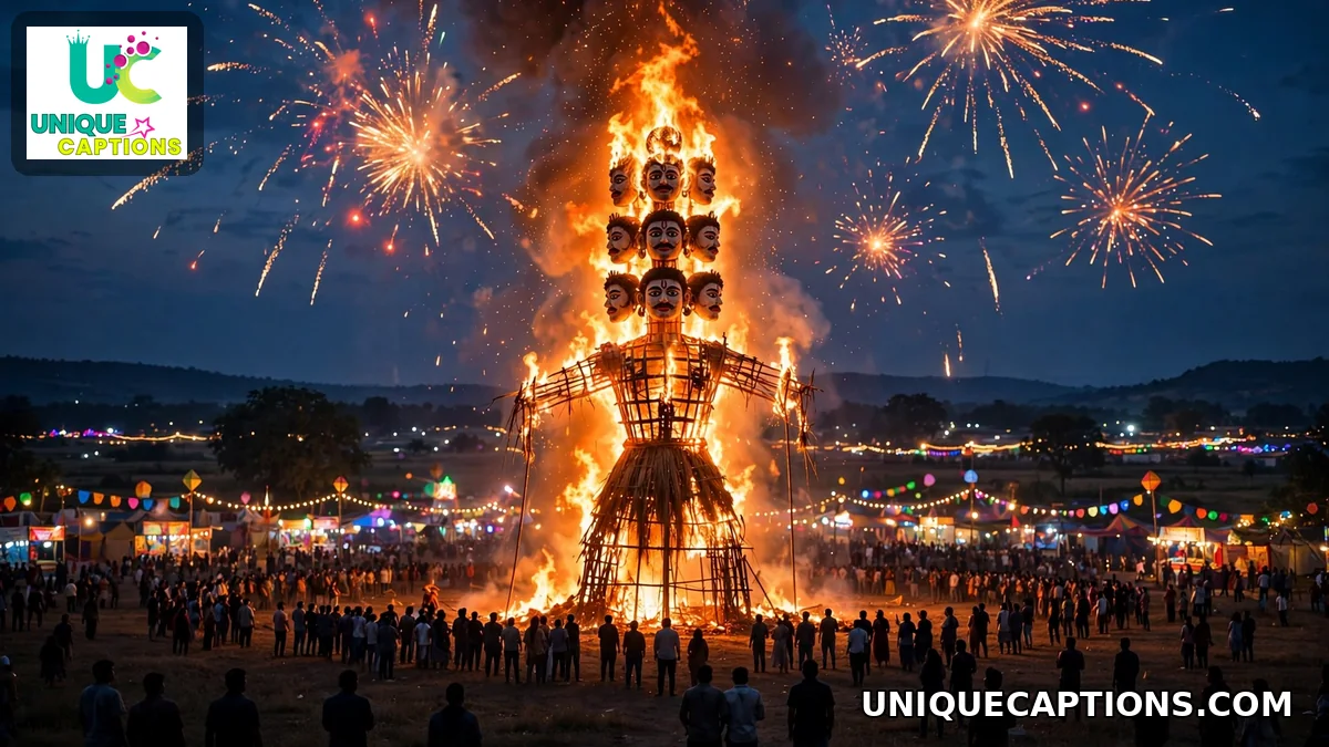 Giant Ravan effigy burning with fireworks at a Dussehra fair at dusk
