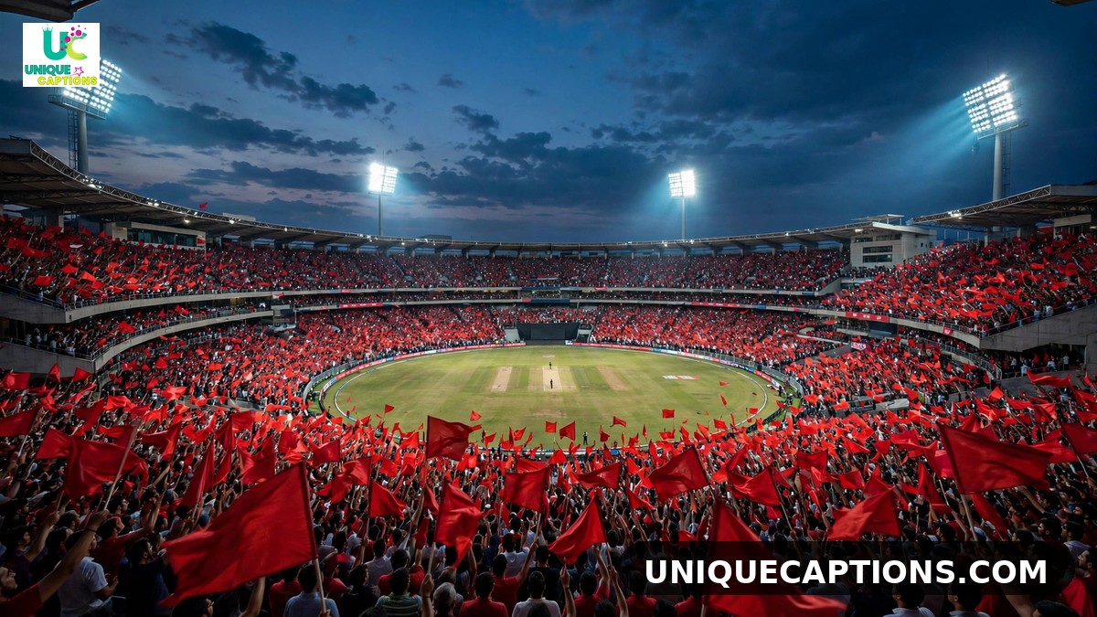 RCB fans waving red flags in a packed cricket stadium at dusk