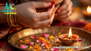 Close-up of hands applying a red tilak, with a diya flame and scattered flower petals