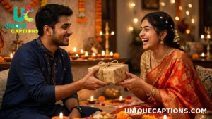 Brother handing a gift to his laughing sister during Bhai Dooj celebrations at home