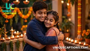 Brother and sister sharing a warm hug at a family Diwali gathering with diyas in the background