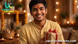 Smiling young brother with a fresh red tilak on his forehead holding a wrapped gift box at home