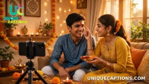 Smartphone on a small tripod filming a cheerful tilak moment between brother and sister