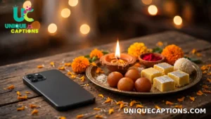Smartphone resting beside a Bhai Dooj thali with sweets and a lit diya