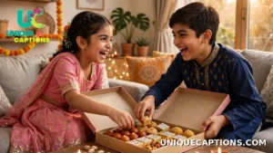 Brother and sister playfully fighting over a box of Diwali sweets, both laughing