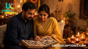 Adult brother and sister looking through an old family photo album together during Diwali