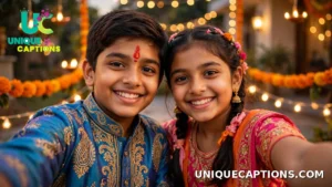 Young brother and sister in ethnic wear taking a cheerful selfie after the tilak ceremony