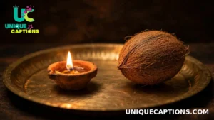 Minimal still life of a single lit diya and a coconut arranged on a brass puja plate